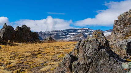 In the early morning rain and hail fell at sunrise I saw this beautiful hill covered with hail, very typical in the sierra of Peru, this place is close to the city of Hauncavelica