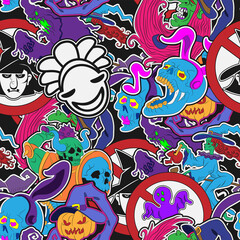 Cotton fabric seamless pattern sticker set for Halloween pumpkin witch zombie ghost on black vector background.
