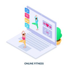 Online fitness concept. A girl conducts a workout with a trainer online using a laptop. Isometric vector illustration on white background