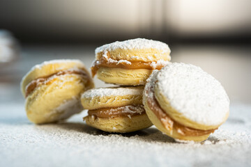 Alfajores: Traditional Peruvian cookies filled with caramel and white sugar dust on top.