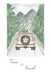 Watercolor card Time to travel with SUV car behind, road in the mountains © MarinaErmakova