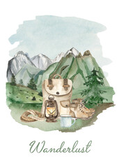 Watercolor card with backpack, lantern, climber boots, rope, hiker mug in the mountains Wanderlust