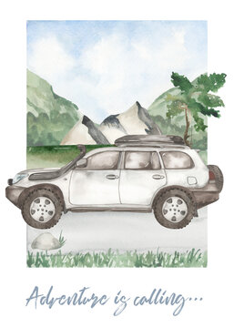 Watercolor card Time to travel with SUV car on the side of the road in the mountains