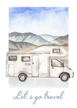 Watercolor card Time to travel with travel car, motor home, on the road in the mountains