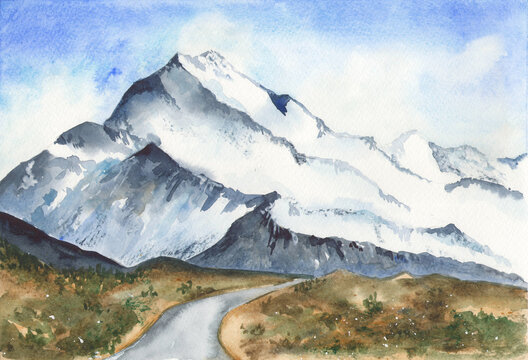 Watercolor landscape of a mountain with a road leaving into the distance and a meadow
