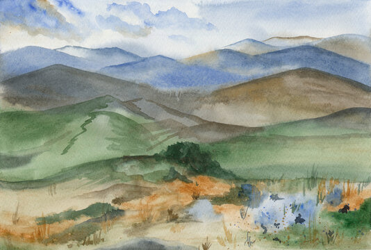 Watercolor landscape of mountains with hills