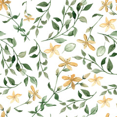 Watercolor seamless multidirectional pattern with flowers, leaves, branches, foliage of St. John's wort