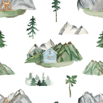 Watercolor seamless pattern with houses in the mountains, hills, with pines, firs