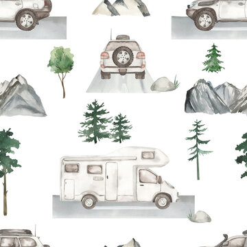 Watercolor seamless pattern with SUV, motorhome, travel cars, mountains, fir trees