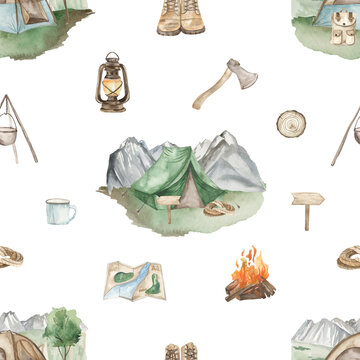 Watercolor seamless pattern with tents in the mountains, backpack, campfire, bowler hat, ax, lantern