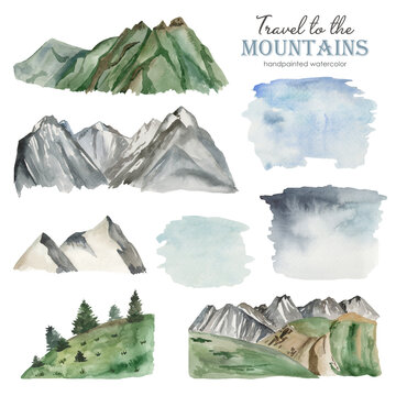 Watercolor set Travel to mountains with mountains, hills, rocks, watercolor sky spots