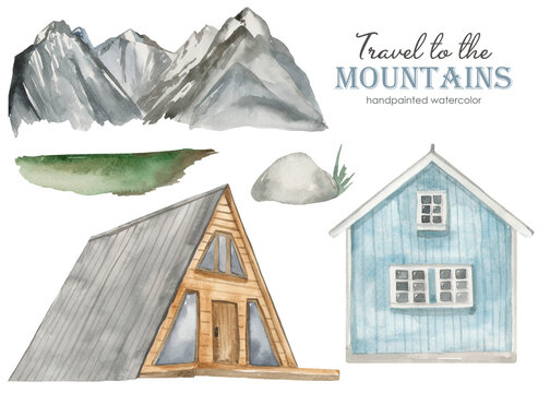 Watercolor set Travel to the mountains with mountains, houses, stone