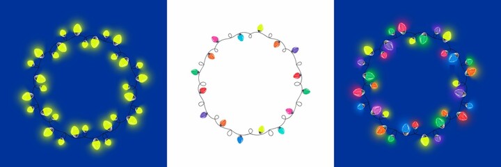 Hand drawn watercolor illustration of multicolored christmas garland lights or bulbs. A set of frames made of Christmas garlands in the shape of a circle