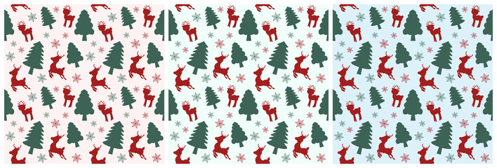Fototapeta na wymiar Set of Christmas Background Seamless Pattern With Santa Claus, Tree, Socks, Snowman And Gifts For Landing Page, Wallpaper Or Decoration
