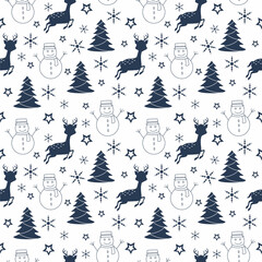 Christmas Background Seamless Pattern With Santa Claus, Tree, Socks, Snowman And Gifts For Landing Page, Wallpaper Or Decoration
