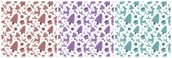 Set of Christmas Background Seamless Pattern With Santa Claus, Tree, Socks, Snowman And Gifts For Landing Page, Wallpaper Or Decoration