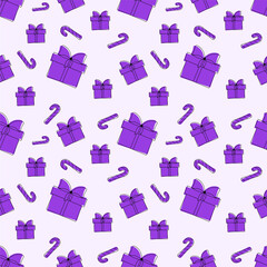 Christmas Background Seamless Pattern With Santa Claus, Tree, Socks, Snowman And Gifts For Landing Page, Wallpaper Or Decoration