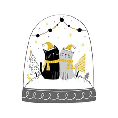 Cute happy cat couple with Santa hat and scarf in snow globe. Hand drawn vector illustration.