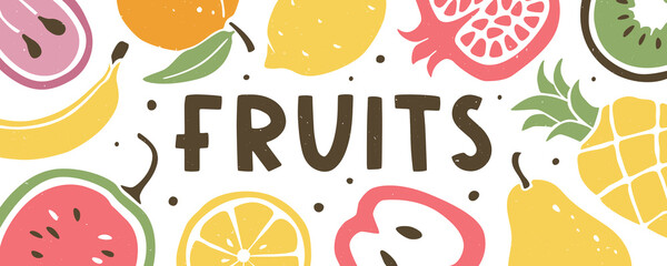 Vector fruit background. Header or banner with bright and juicy hand drawn illustrations and 
