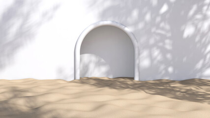Room door outdoor on sand with Wall background. 3D illustration, 3D rendering	

