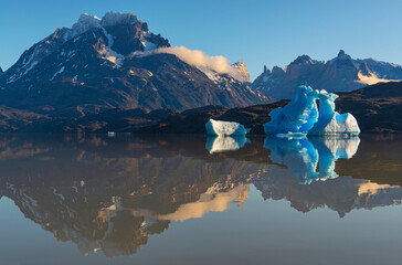 Lago Grey (Grey Lake) at sunrise with iceberg from Grey Glacier, Torres del Paine national park, Patagonia, Chile.