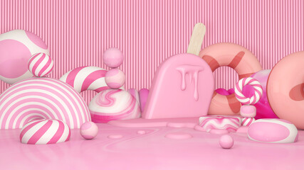 Melted ice cream cartoon on Room floor. Summer time. 3D illustration, 3D rendering