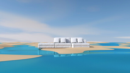 Obraz premium Furniture 3d on sand surface. 3D illustration, 3D rendering