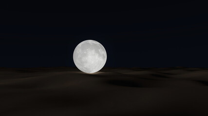 Moon 3d glowing on sand surface. 3D illustration, 3D rendering	
