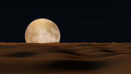Moon 3d glowing on sand surface. 3D illustration, 3D rendering	
