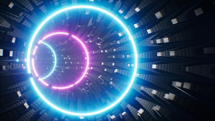 Neon Circle Light in Extruding Metal Tunnel