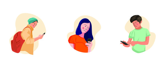 Cute People Character Man Woman Cartoon Illustration Vector Holding Smartphone