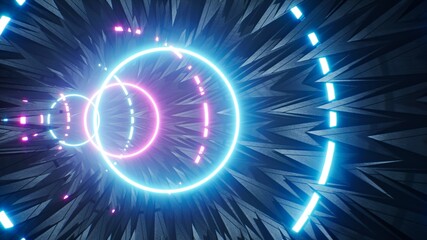 Neon Circle Light in Metal Thorn Tunnel 3D Rendering