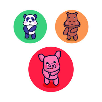 Cute Character Animal Mascot Panda, hippopotamus, pig