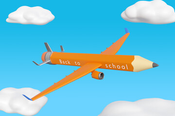 Pencil-shaped plane with the text "back to school". 3d illustration.