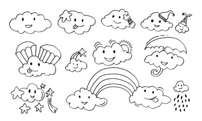 Kawaii weather forecast icons. Funny hand drawn vector clouds.Vector illustration.