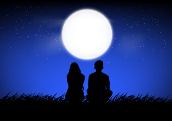 silhouette image A couple man and woman sitting with Moon on sky at night time design vector illustration