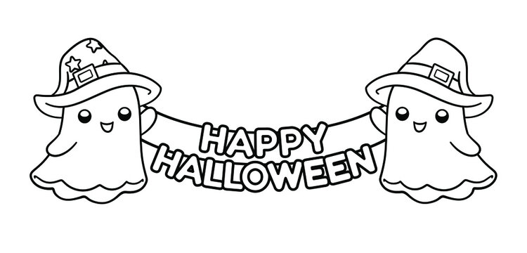 Ghosts with Happy Halloween sign outline vector illustration clipart. Halloween themed coloring book page activity worksheet for kids, children and adults.
