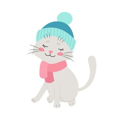 Cat in a winter hat, funny pets, vector illustration. Isolated. Flat design.