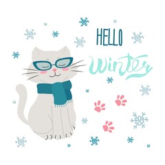 Cat in glasses with a scarf, Handwritten Hello winter, Lettering. Vector illustration in flat style. snowflakes.