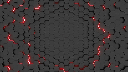 Futuristic glowing red hexagonal or honeycomb background. Technology, future and innovation concept. 3D Rendering image