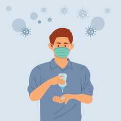Use hand sanitizer. Young man with face masks use hand sanitizer gel step by step to clean hands and prevent germs, bacteria and virus. flat style vector illustration