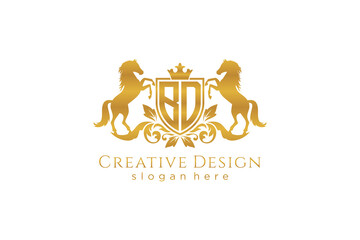 initial BD Retro golden crest with shield and two horses, badge template with scrolls and royal crown - perfect for luxurious branding projects