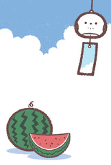 シマエナガの風鈴とスイカの暑中見舞い