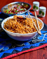 A bowl of spicy Indian Schezwan Noodles.