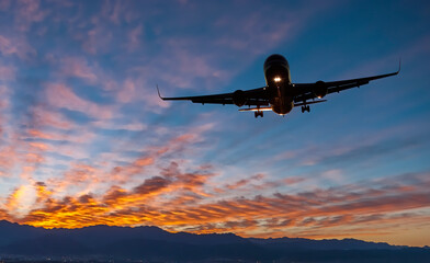 Landing airplane at colorful sunrise with with beams of sun lights. Concept of transport, weather, travel and happy vacation