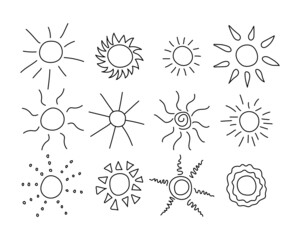 Different shapes of the sun hand drawn. Children's drawings of the sun. Vector doodle elements.