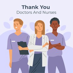 Thank you doctors and nurses for fight against covid-19 virus, you all are real heroes, vector illustration flat style