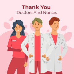Thank you doctors and nurses for fight against covid-19 virus, you all are real heroes, vector illustration flat style