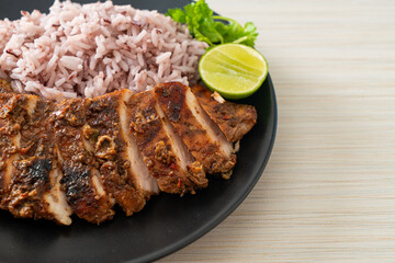 spicy grilled Jamaican jerk chicken with rice
