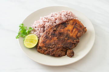 spicy grilled Jamaican jerk chicken with rice